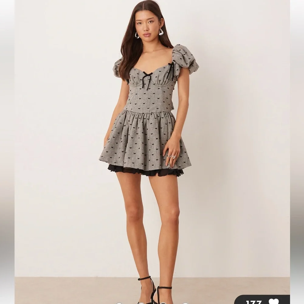 For Love And Lemons Dress Twill Bow Print Drop Waisted Mini in Grey - Picture 2 of 7